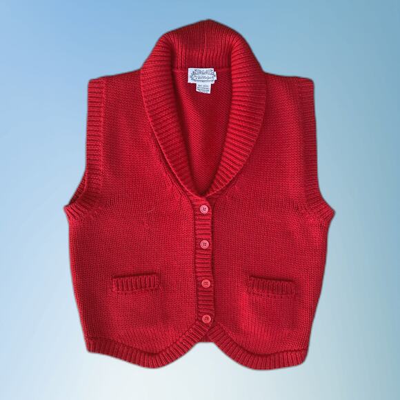 Vintage 70s 80s red cropped wool sweater vest medium roll collar pockets cottage - Picture 1 of 6